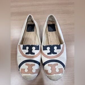 Tory Burch Womens 9.5M Beige Tan Canvas Leather Espadrilles Flats Navy Shoes